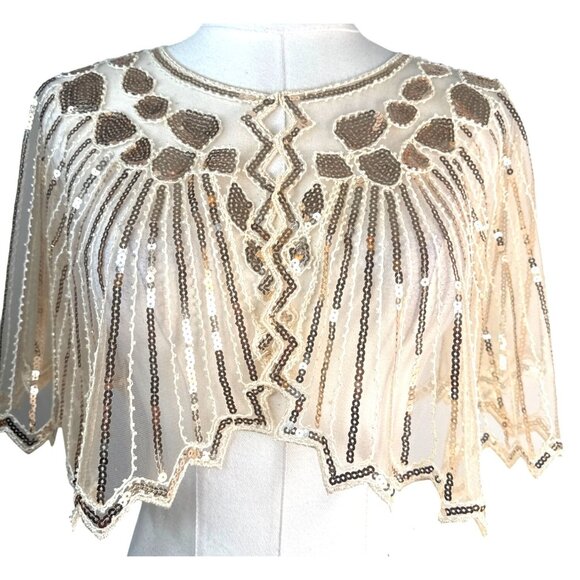 Vintage Style Sequined One Size Champagne Sheer Cape Shawl NWT - Picture 5 of 15